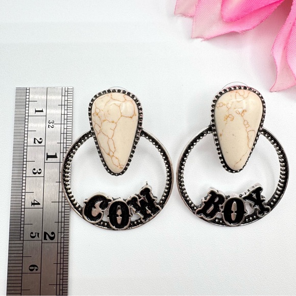 Western Cowboy Hoop Drop Earrings Howlite Southwestern Cowgirl Boho Bohemian - Picture 4 of 7